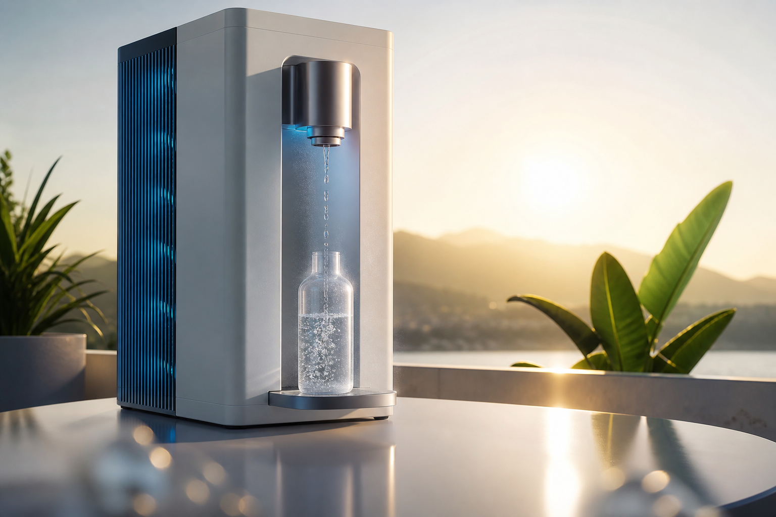 Atmospheric water generator at golden hour